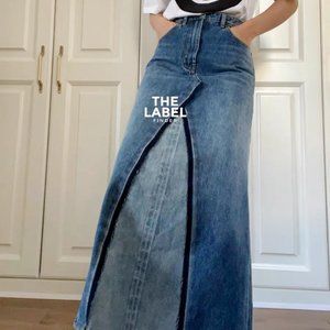 Distressed  Washed Patchwork Back Slit Denim Maxi Skirt SIZE 36
